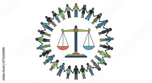 A diverse group of people holding hands in a circle around the balanced scales of justice, symbolizing equality and community.