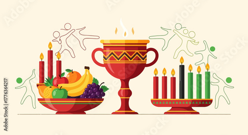 A festive Kwanzaa celebration scene with a Kinara, unity cup, and a bowl of fresh harvest fruits.