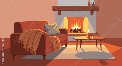 Cozy living room scene with a plush armchair, a warm blanket, and a crackling fireplace.