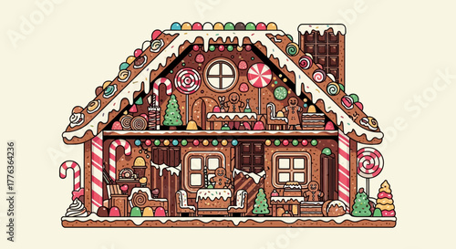 An intricately detailed cross-section of a gingerbread house, showcasing multiple rooms filled with festive candy decorations and icing.