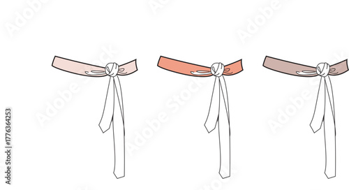 Fashion design technical flat sketch of a fabric belt with a tied bow knot, presented in a set of three color variations