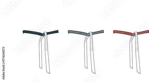 Minimalistic vector illustrations of three distinct tied fabric sashes, presented in various color palettes for fashion design concepts and versatile graphic elements