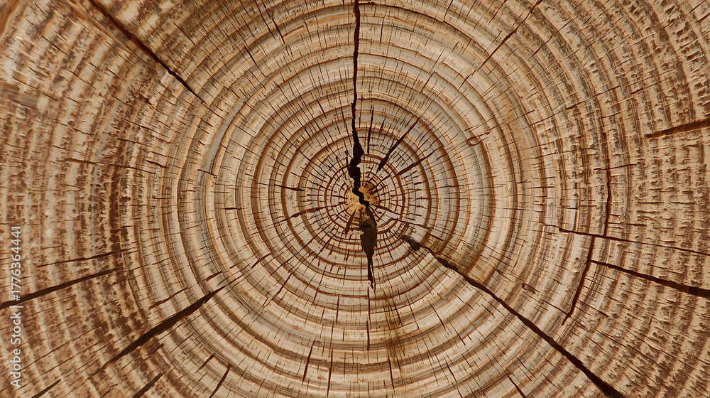 Naklejka premium Close-up of a Tree Trunk Cross Section with Visible Annual Rings and Cracks, Showing Age and Texture of the Wood Grain, Nature Background