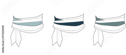 Vector collection of stylized fabric waist sashes or traditional obi belts with hanging ties, shown in three different color variations