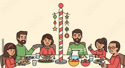 A happy family celebrates a holiday meal together around a decorated Festivus pole at the dinner table.