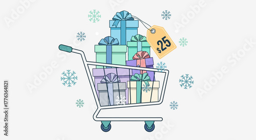 A shopping cart overflowing with colorful gift boxes, adorned with bows and a price tag.
