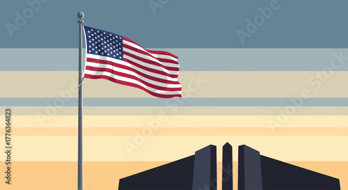 American flag waving near a monument at sunset.