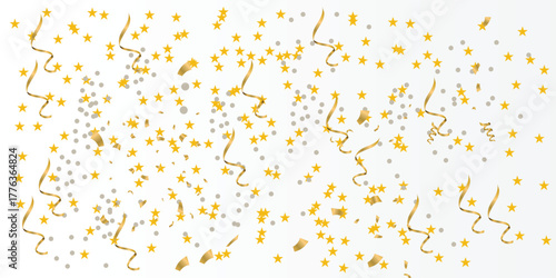 Abstract thin diagonal lines background. Gold falling down confetti background. . Yellow, orange and golden dots wallpaper. Celebration Christmas, New Year or birthday party repeating backdrop. Vector