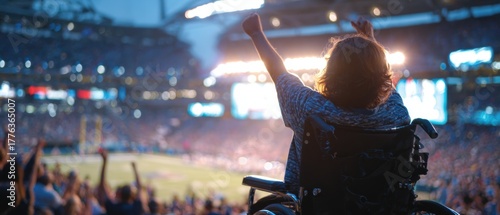 Inclusive Stadium Experience: Wheelchair Traveler Enjoying Clear Sightlines and Scoreboard Glow with Friends Cheering