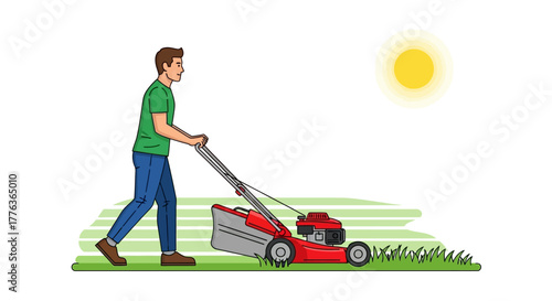 Illustration of Man Mowing Lawn with Bright Sun, depicting home maintenance