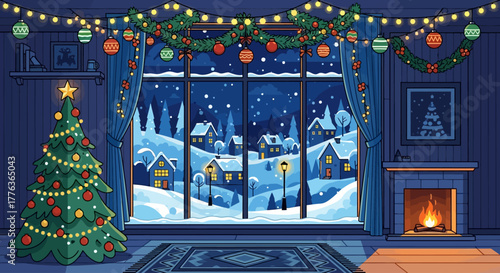 Cozy Christmas scene inside a room with a decorated tree, fireplace, and snowy view.