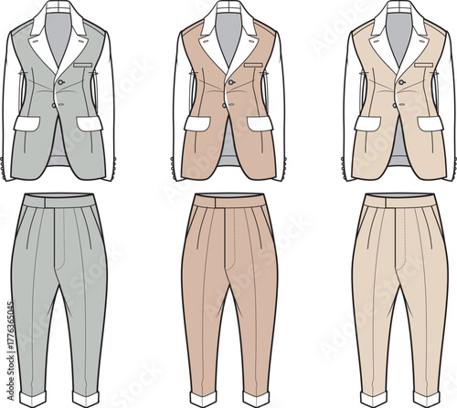 Contemporary men's tailored suit fashion flat sketch concept with blazer, vest, and matching pants in diverse color options for apparel design