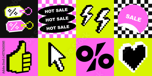 Colorful y2k sale offer pattern. Mosaic grid bg with promotion black friday sale pixel icons of percentage symbol, sale tags. Nostalgic retro digital aesthetic background in bright pink, green, black