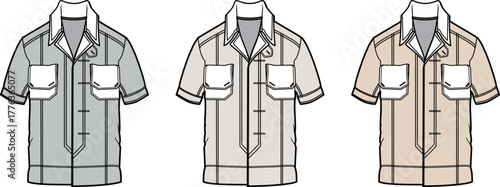 Illustrated men's short-sleeve shirts with flap pockets in three neutral colors, perfect for casual fashion design and apparel concepts