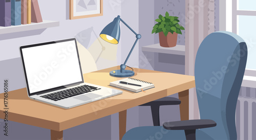 A well-lit home office setup with a laptop, desk lamp, notebook, and chair.