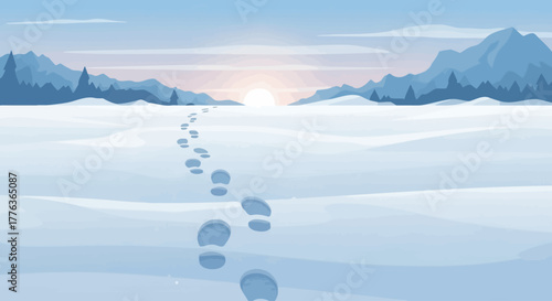 Footprints in fresh snow leading towards a distant sunrise over a serene winter landscape with mountains and trees.