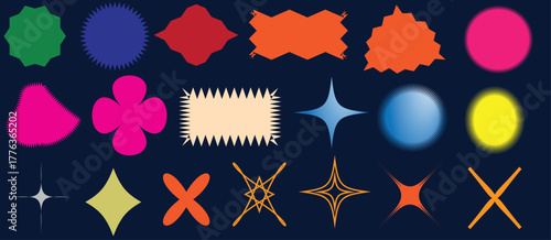 Minimalist geometric shapes vector set — modern collection of abstract stars, flowers, and zigzag-edged circles used as design elements, symbols, labels, and decorative icons