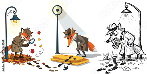 Clever cartoon fox detective investigating footprints under street lamps, funny mystery animal illustration, autumn scene with magnifying glass