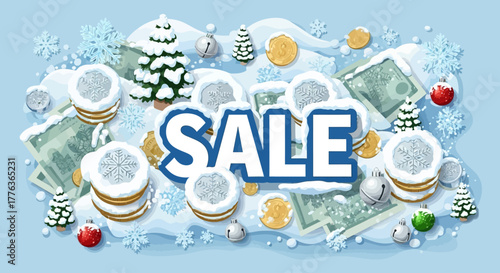 A festive winter sale banner featuring snow-covered money, golden coins, snowflakes, small Christmas trees, and holiday ornaments, all surrounding the prominent word "SALE".