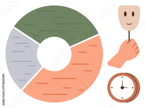 Divided pie chart, analog clock, hand holding happy face mask. Ideal for analytics, time management, emotions, productivity, transparency scheduling and behavioral study. Simple flat metaphor