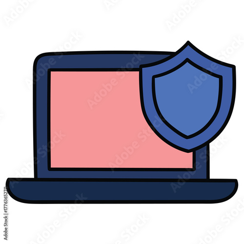 Hand-drawn cartoon laptop with shield on a white background.
