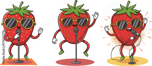 Cool strawberry cartoon singing on stage with microphone and sunglasses, funny fruit character performing music illustration