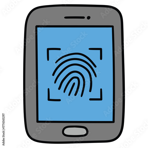 Hand-drawn cartoon mobile phone or smartphone with fingerprint on a white background.