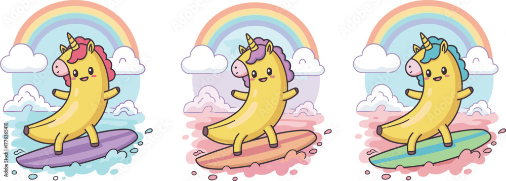 Fototapeta premium Cute banana unicorn surfing rainbow waves, adorable fantasy cartoon illustration, colorful magical beach scene, fun creative kawaii art