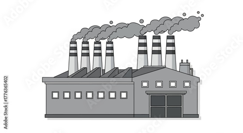 Illustration of an industrial factory with smoke emitting from its chimneys, environmental concerns