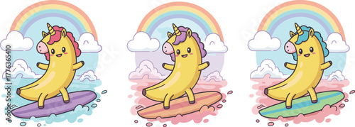 Cute banana unicorn surfing rainbow waves, adorable fantasy cartoon illustration, colorful magical beach scene, fun creative kawaii art