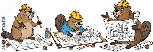 Cute cartoon beavers working as architects drawing blueprints, funny construction animal illustration with helmets, creative engineering teamwork concept