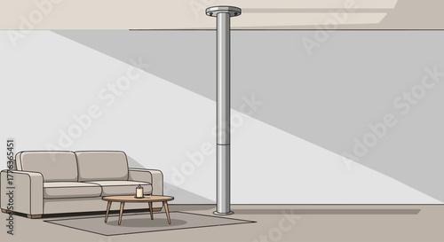 Illustration of a living room with a support beam and furniture.
