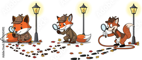 Cute cartoon fox detective with magnifying glass following footprints under streetlight, adorable mystery investigator animal illustration art