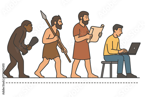 Evolution timeline: from prehistoric to digital era with human figures