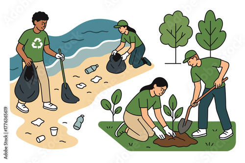 Volunteers engaged in environmental cleanup and tree planting activities