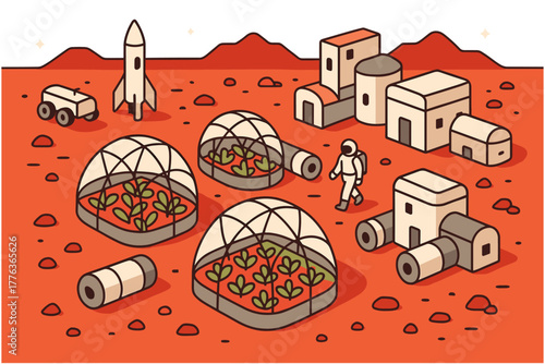 Futuristic mars colony with greenhouses and space exploration elements in isometric style
