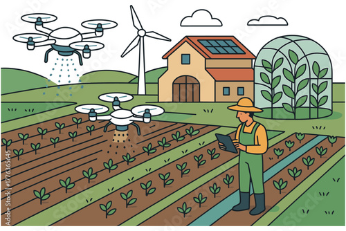 Smart farm: sustainable agriculture with drones, solar panels, and wind energy