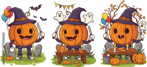 Cute cartoon pumpkin character carving jack o’ lanterns, funny Halloween illustration with witch hat, ghosts, and balloons