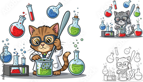 Cute cartoon scientist cat mixing colorful chemicals in laboratory with test tubes, goggles, and science experiment equipment