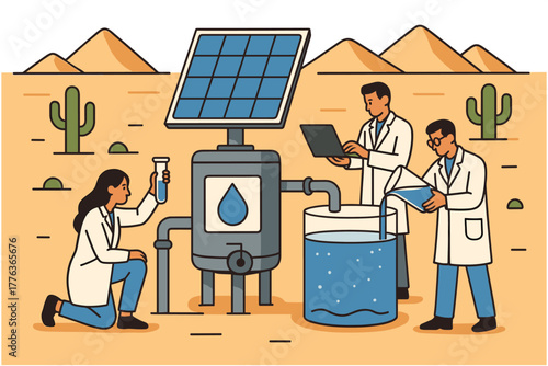 Desert solar water purification with scientists in lab coats and cactus landscape