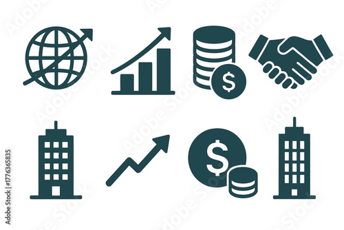 Business growth icons set featuring global trends and financial success