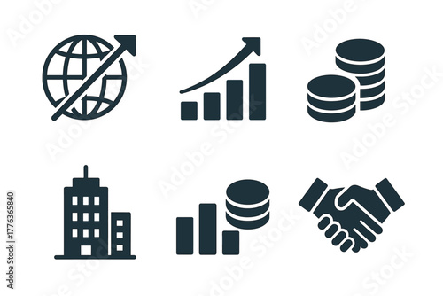 Economic growth icons: global market, financial charts, business handshake, urban development