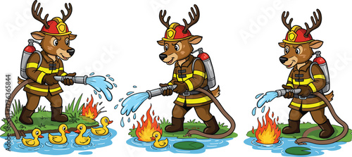 Cute deer firefighter putting out fire, animal rescuer spraying water, funny deer saving ducklings from burning pond