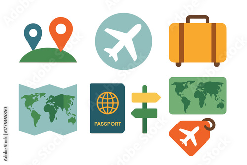 Travel icons featuring airplane, luggage, map, and direction signs in flat design