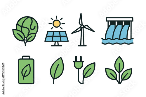 Renewable energy icons set featuring solar, wind, hydro, and eco symbols in modern flat design