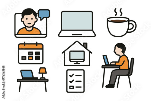 Remote work essentials: home office icons featuring technology and productivity tools