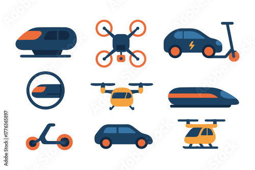 Modern transportation icons: sleek electric vehicles and drones
