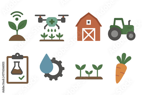 Modern farming icons: smart agriculture and sustainable technology in flat design