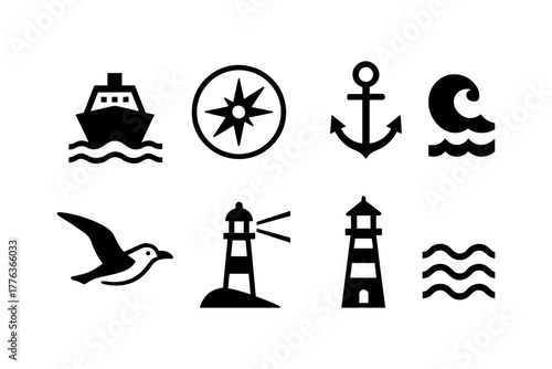 Nautical icons set: ship, compass, lighthouse, anchor, waves, seagull, nautical elements