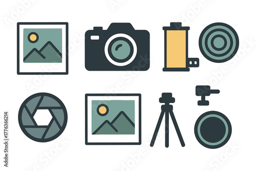 Photography icons set featuring camera, tripod, and lens in flat design style